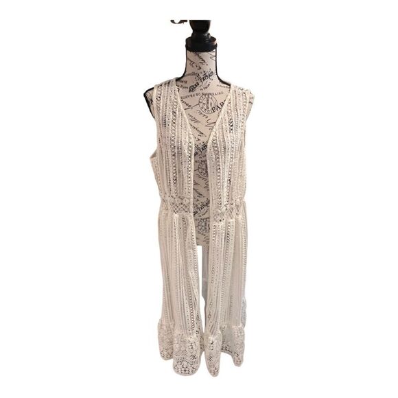 NWOT ndigo Thread Co. Lace Sleeveless Open Front Flounce Hem Duster Vest Sz M - Picture 1 of 6